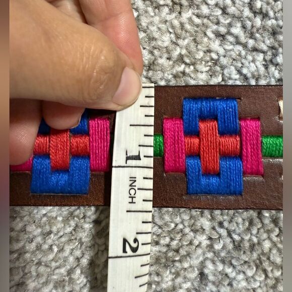 Free People High Summer Brown Leather Belt Multicolor Embroidered Bohemian Sz 32 - Picture 8 of 11